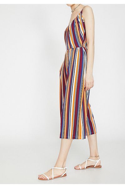 Koton Damen-Jumpsuit mit orangefarbenem Riemen, Hohlkragen und Taschendetail, gestreift, 9YAL48184IW
