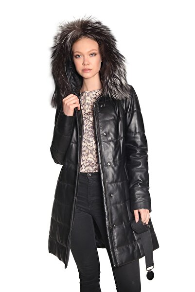 DIO GOMEZ by DERMA Gerçek Kuzu Deri Bayan Şişme Mont Fermuarlı Kapüşonlu Hakiki Deri Ceket