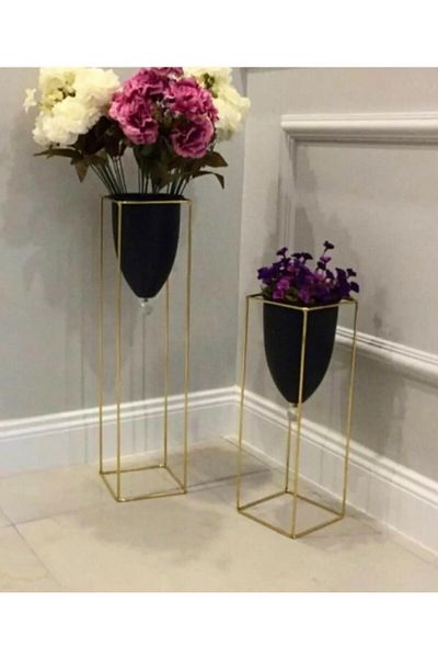 Tasarım Evi Decorative 2-Piece Chrome Covered Flower Pot Flower Pot Large Size Vase Decor