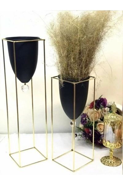Tasarım Evi Decorative 2-Piece Chrome Covered Flower Pot Flower Pot Large Size Vase Decor