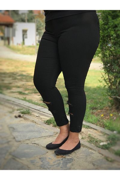 LİKRA Women's Black Plus Size Split-Front Full-Lit High-Waist Gabardine Trousers