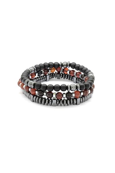 Tesbihane Red Globe Cut Natural Stone Bracelet - Agate-Onyx-Hematite Combination104000546