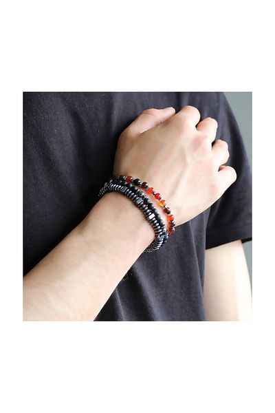 Tesbihane Red Globe Cut Natural Stone Bracelet - Agate-Onyx-Hematite Combination104000546