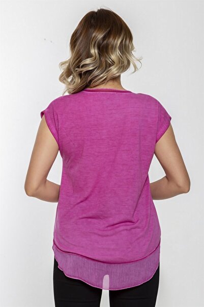 Seamoda Fuchsia Skirt Tip Chiffon Oil Washing T-shirt