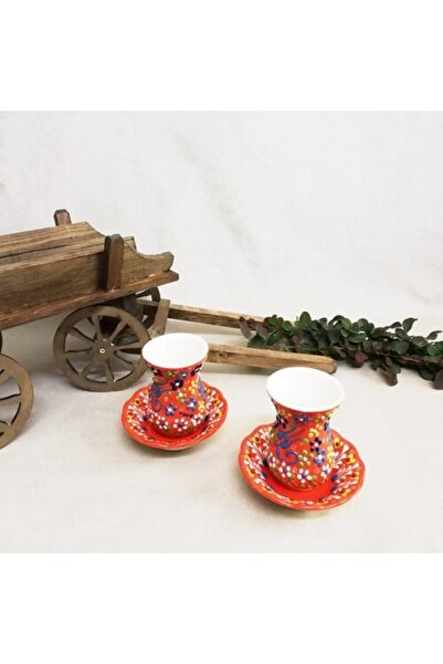 ÇETİN ÇİNİ 6 Kişilik El Işi Çini Turuncu Çay Seti