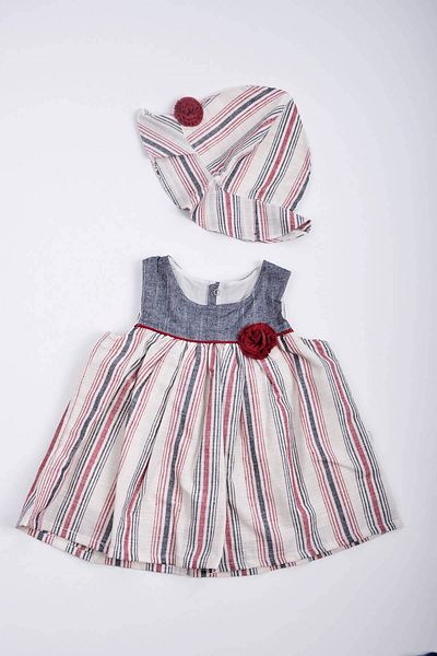 Capps Baby Girl Striped Dress Hat Set Claret Red