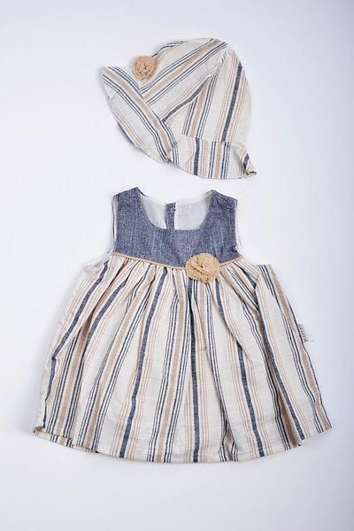 Capps Baby Girl Striped Dress Hat Set Beige