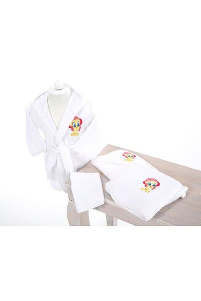 Özdilek Unisex Baby White Tweety Embroidered Bamboo Bathrobe Set