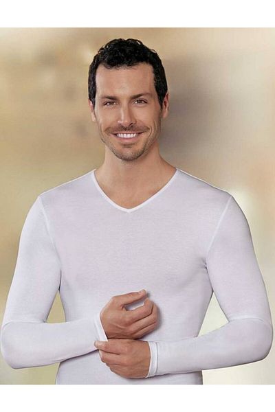Şahinler Men's White V-Neck Long Sleeve Single Jersey T-shirt Me074