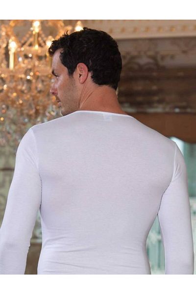 Şahinler Men's White V-Neck Long Sleeve Single Jersey T-shirt Me074