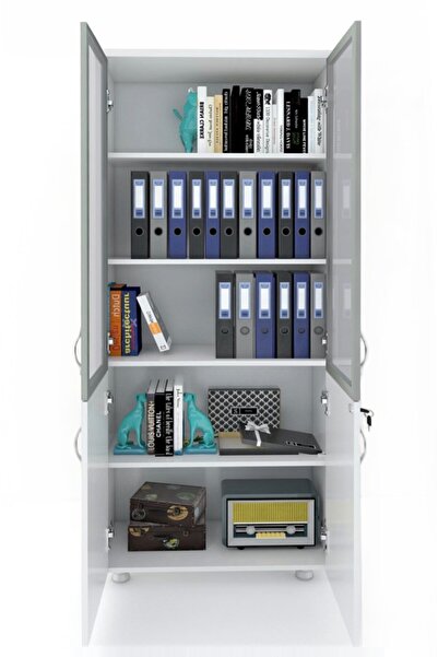 ELİZZA Modüler Dünyası - 2 Cam Kapaklı Kitaplık Dosya Dolabı Beyaz - 80x38x188