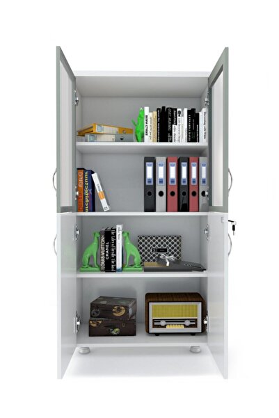 ELİZZA Beyaz 2 Cam Kapaklı Kitaplık Dosya Dolab 80x38x153