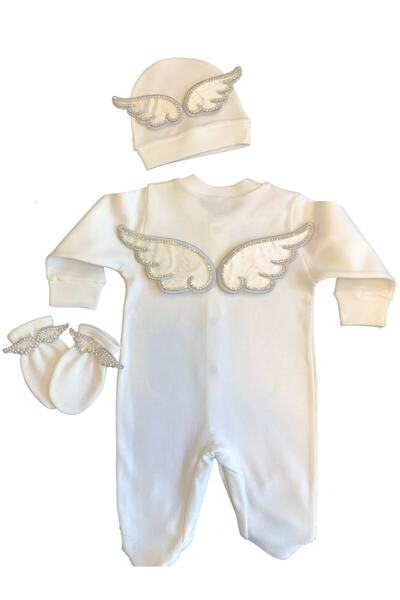 AngelButik Bebek Ekru Nakışlı Taşlı Melek Kanatlı Tulum