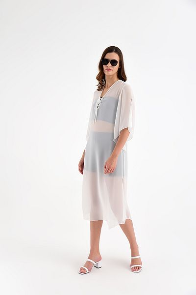 Laranor Women's Ecru Collar Detailed Chiffon Kimono 20L6812