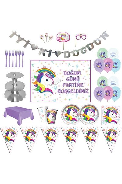 UNICORN White Luxury Birthday Party Supplies Set for 8 People with Banners