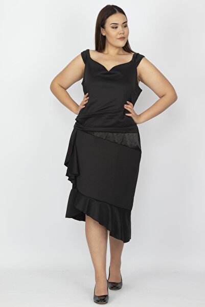 Şans Großes Damenkleid in Schwarz mit Taille und Rockdetail 65n19618