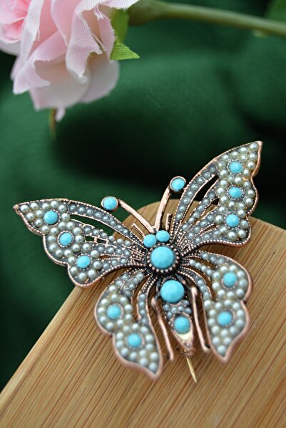 Stoneage Kadın Turkuaz Kelebek Broş Yaka Iğnesi  Doğal Taşlı