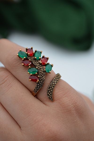 Stoneage Women's Adjustable Ruby and Emerald Stone Ring