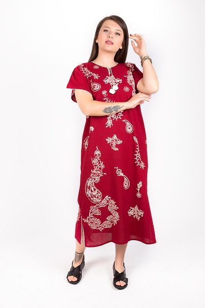 Kardelen Butik Ümraniye Women's Burgundy Short Sleeve Şile Cloth Dress
