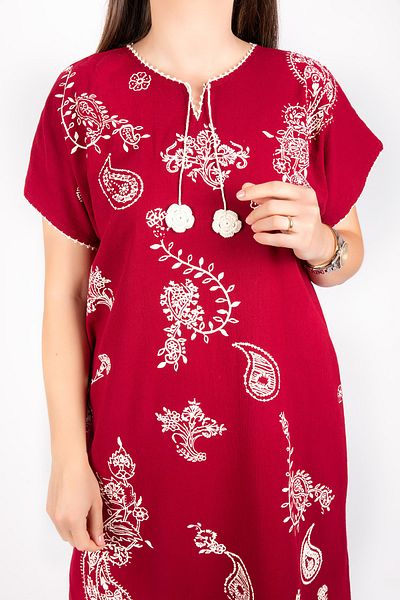 Kardelen Butik Ümraniye Women's Burgundy Short Sleeve Şile Cloth Dress