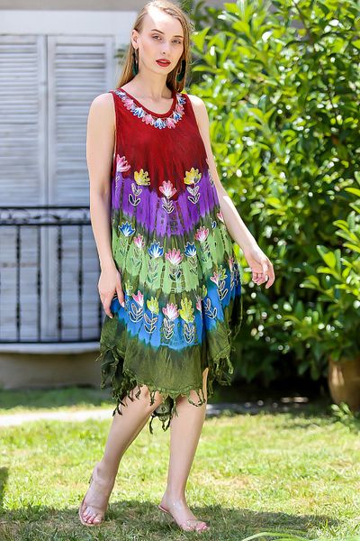 Chiccy Burgundergrünes böhmisches Batik-Tulpenmuster für Damen mit asymmetrischem Fransenkleid M10160000El96545