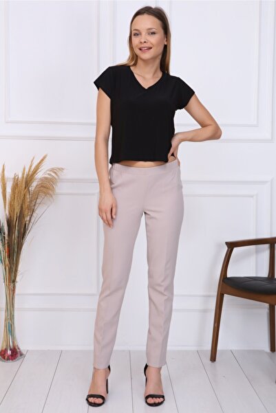 Gül Moda Women's Large Size Elastic Waist Trousers Beige