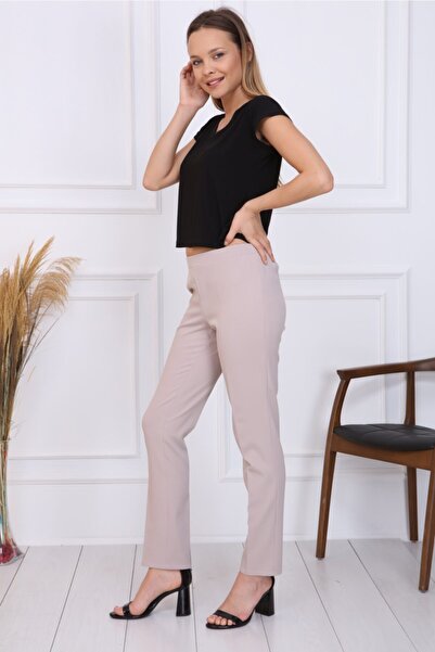 Gül Moda Women's Large Size Elastic Waist Trousers Beige