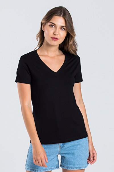 CAYA Γυναικείο μπλουζάκι από βισκόζη σε μαύρο χρώμα με λαιμόκοψη V και κοντό ...