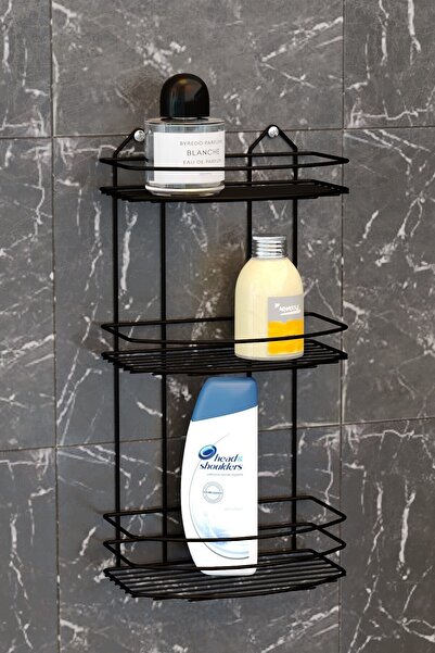 Teknotel Üç Katlı Banyo Duş Rafı Mat Siyah Bk009