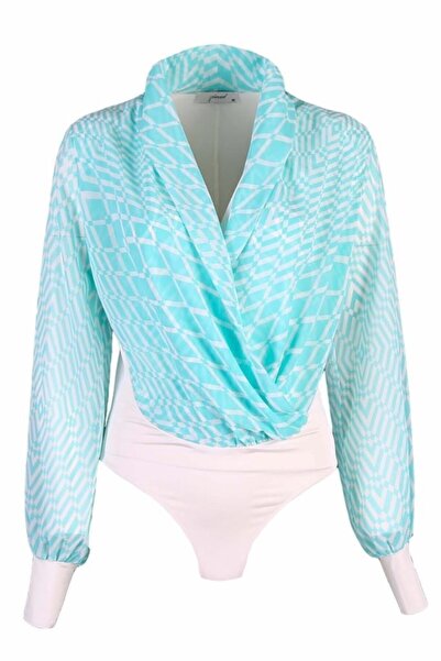 pimood Estee Geometrik Desen Kollu Turkuaz Bluz Body