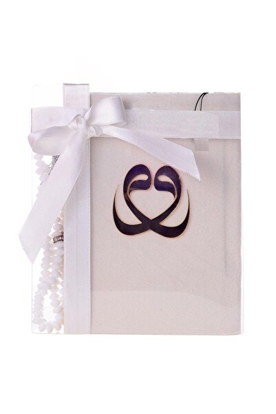 Sera Hediyelik Asetat Kutu Süslemeli Kadife Kaplı Yasin Kitabı Tesbihli Beyaz