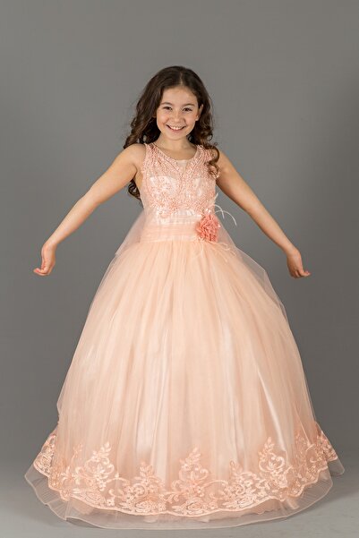 Genel Markalar Çiçek Detaylı Kız Çocuk Abiye Elbise - Somon