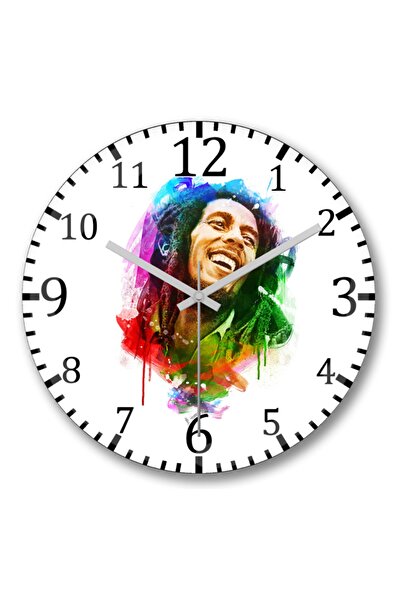 Baskı Dükkanı ساعة حائط بوب مارلي بلون السعادة من الزجاج الحقيقي المنحني