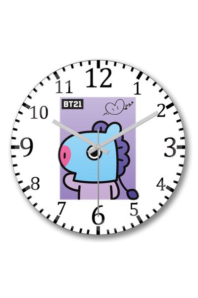 Baskı Dükkanı ساعة حائط Bts Bt21 Mang من الزجاج الحقيقي المنحني