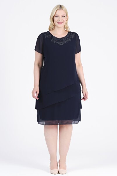 Oktay فستان سهرة من الشيفون الصلب ذو أكمام مطوية وفتحة على الصدر ومبطن بالأحج...