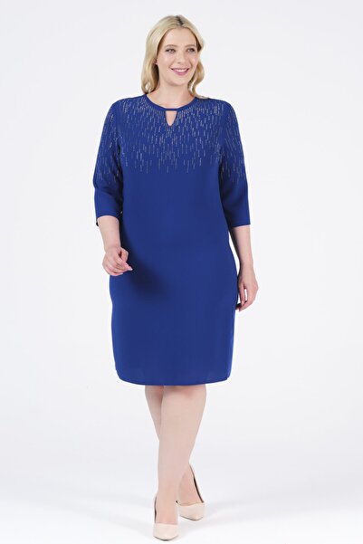 Oktay Sağlam Ithal Krep Damla Yaka Ithal Taşlı Sax Mavi Renk Büyük Beden Abiy...