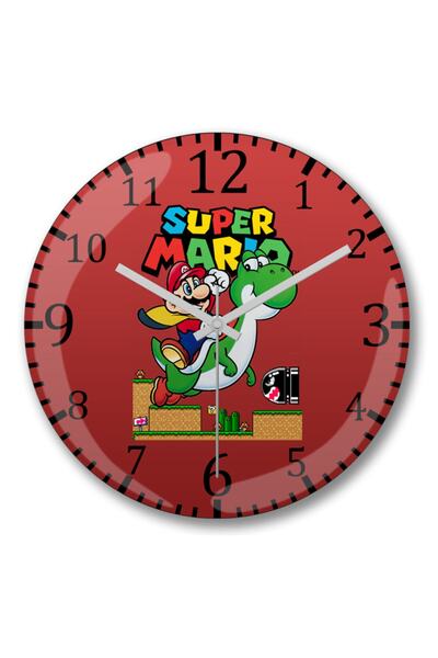 Baskı Dükkanı ساعة حائط سوبر ماريو إي يوشي من الزجاج الحقيقي المنحني