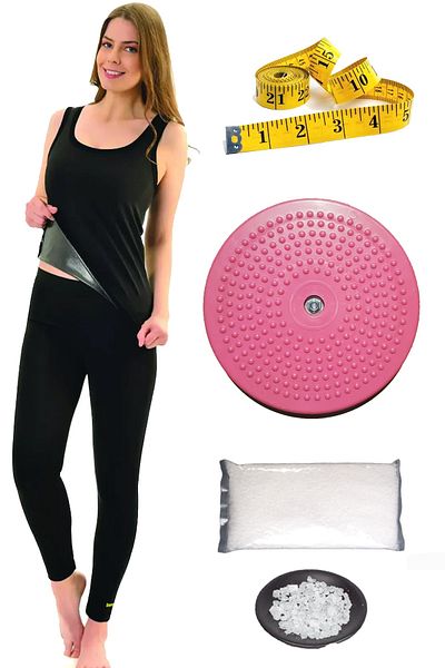 Jet Women's Thermal Suit Sweating Undershirt and Tights Tape Measure Dead Sea Salt Waist Slimming Twister Disc Set
