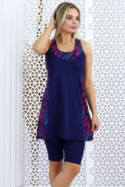 Aykum Mayo Women's Navy Blue Patterned Tights Dress Swimsuit