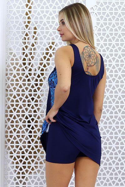 Aykum Mayo Women's Navy Blue Patterned Shorts Dress Swimsuit