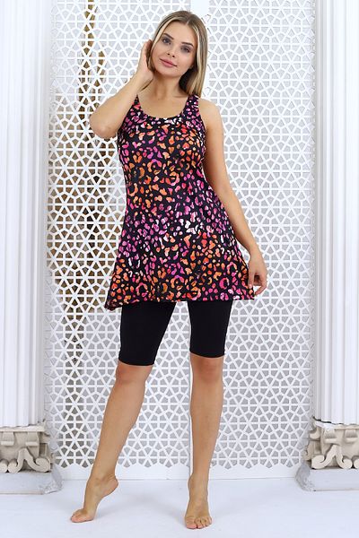 Aykum Mayo Women's Black Patterned Tights Dress Swimsuit