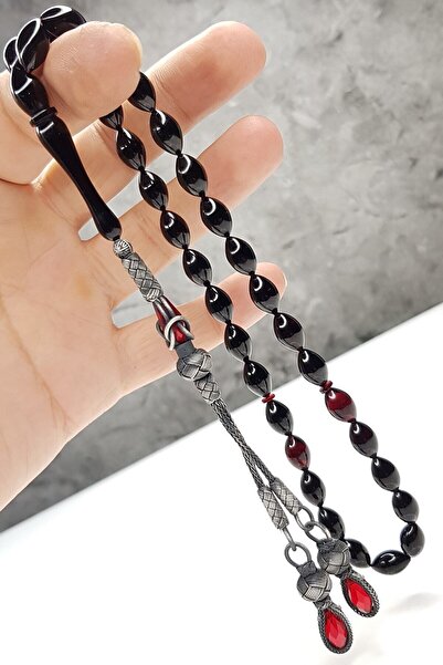 TESBİHEFENDİ 1000 Ayar Gümüş Kazaz Püskül Koyu Kırmızı Ateş Kehribar Tesbih T...