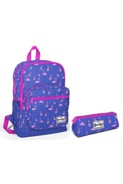 Yaygan Çanta Set rucsac și suport stilou pentru școală primară cu patru ochi - Flamingos albastru-roz pentru fete