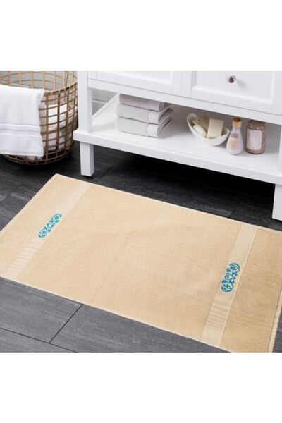 Moon Kaydırmaz Taban Yıkanabilen Banyo Paspası 80x120 Turkuaz Nakışlı
