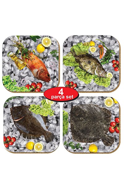Hediyelik Metal Mantar Tabanlı Fish Story Balıklı 4'lü Bardak Altlığı Seti