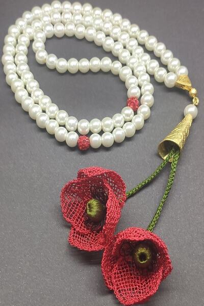 NesliWorld Kadın Beyaz Gelincik İğne Oyalı Özel Tasarım Tesbih