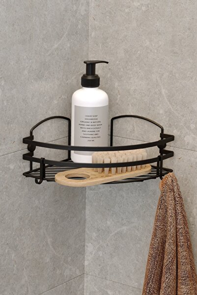 Teknotel Tek Katlı Kancalı Banyo Köşe Rafı Mat Siyah Lm007h