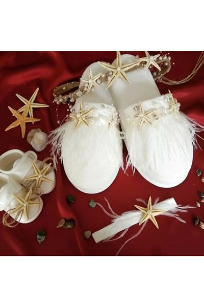 Hüner aksesuar Ecru Maternity Starfish Pearled Maternity Set of 4 Slippers and Crown