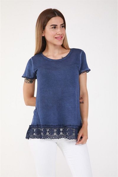 Seamoda Short Sleeve Skirt with Lace Oil Wash Tunic-navy blue