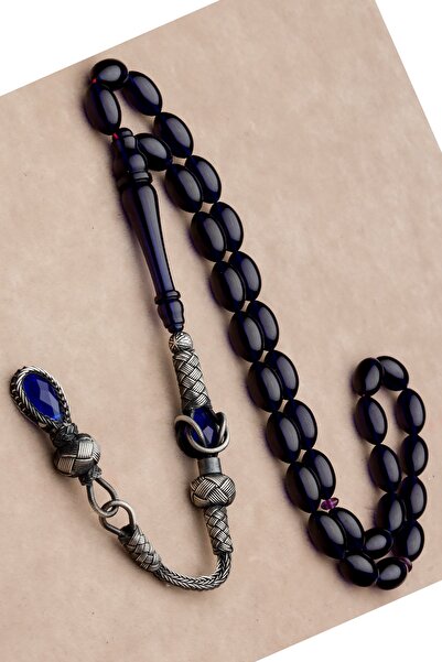 OTTOTESBİH 1000 Ayar Gümüş Kazaz Püsküllü 7x11mm Gece Mavisi Sıkma Kehribar T...